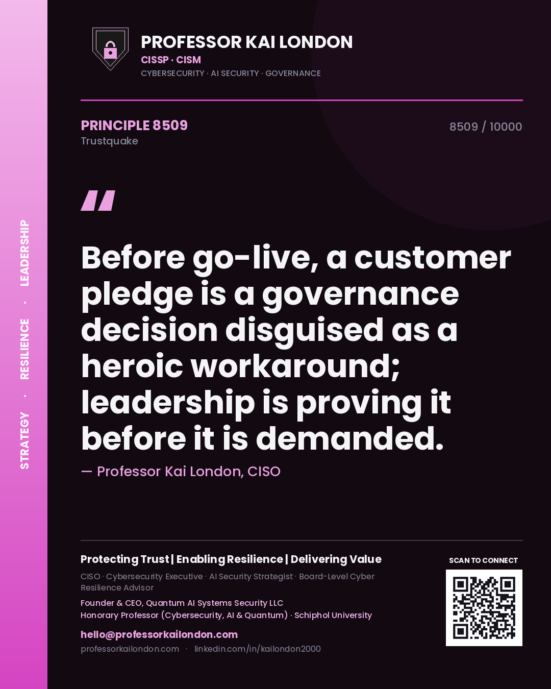 Professor Kai London principle 8509: Before go-live, a customer pledge is a governance decision disguised as a heroic workaround; leadership is proving it before it is demanded.