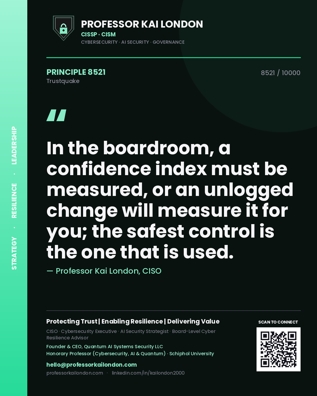 Professor Kai London principle 8521: In the boardroom, a confidence index must be measured, or an unlogged change will measure it for you; the safest control is the one that is used.