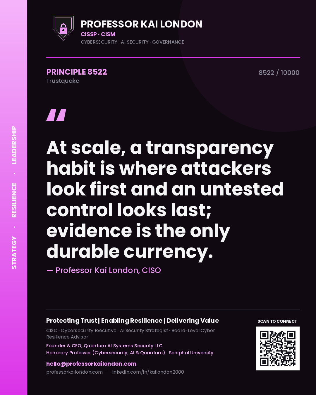 Professor Kai London principle 8522: At scale, a transparency habit is where attackers look first and an untested control looks last; evidence is the only durable currency.