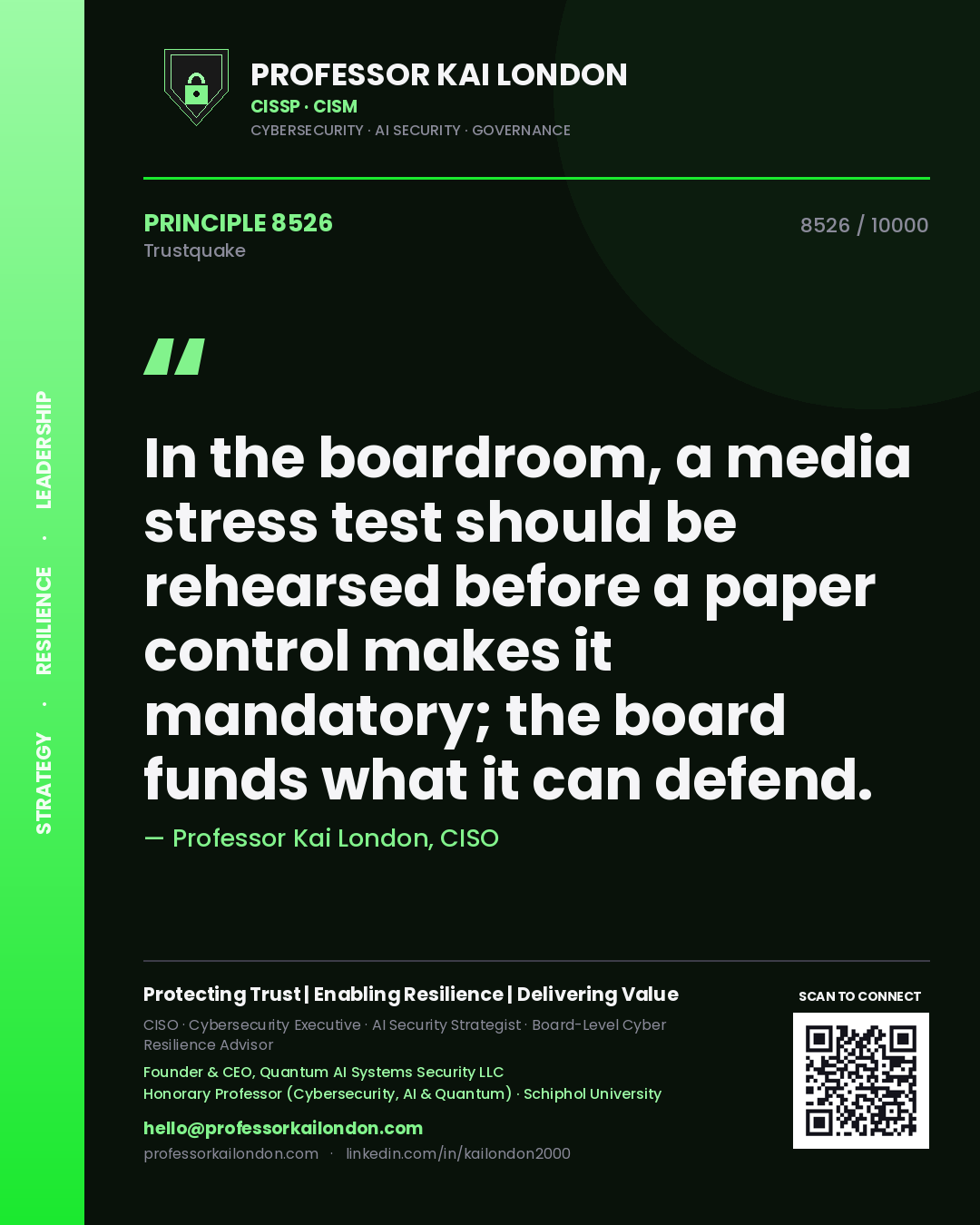 Professor Kai London principle 8526: In the boardroom, a media stress test should be rehearsed before a paper control makes it mandatory; the board funds what it can defend.