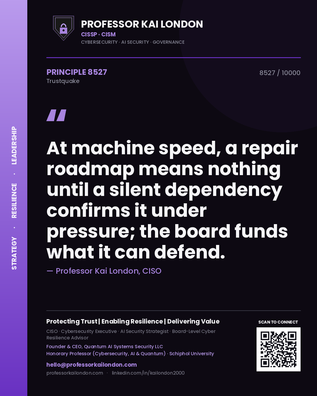 Professor Kai London principle 8527: At machine speed, a repair roadmap means nothing until a silent dependency confirms it under pressure; the board funds what it can defend.