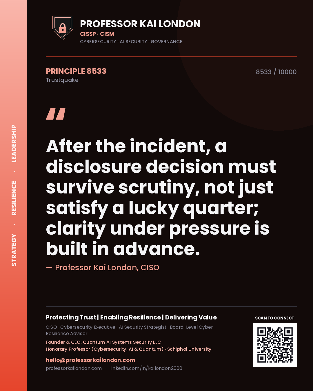 Professor Kai London principle 8533: After the incident, a disclosure decision must survive scrutiny, not just satisfy a lucky quarter; clarity under pressure is built in advance.