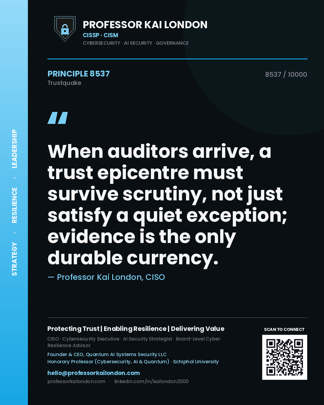 Quote card by Professor Kai London reading 'When auditors arrive, a trust epicentre must survive scrutiny, not just satisfy a quiet exception; evidence is the only durable currency.'. From the book Trustquake.