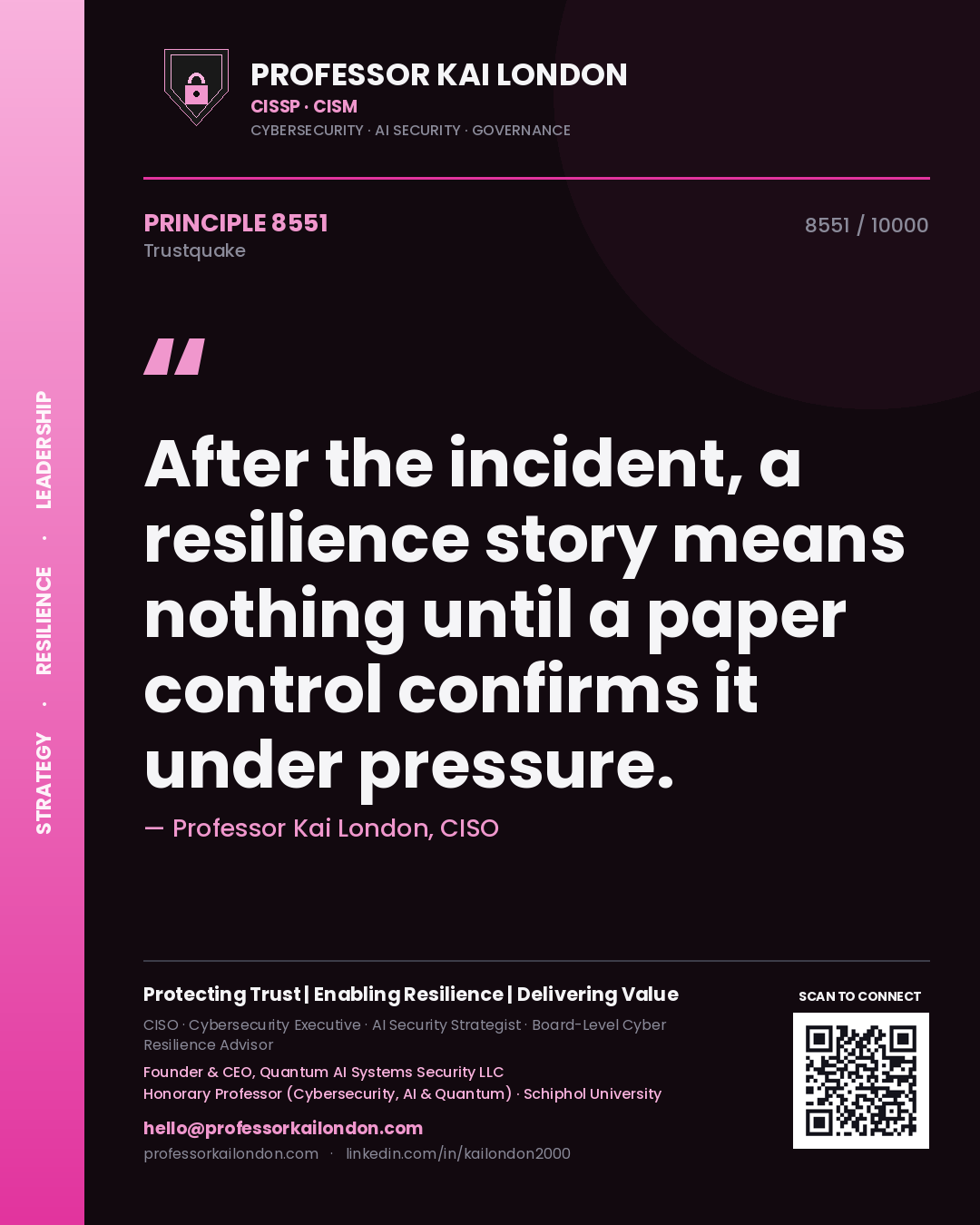 Professor Kai London principle 8551: After the incident, a resilience story means nothing until a paper control confirms it under pressure.
