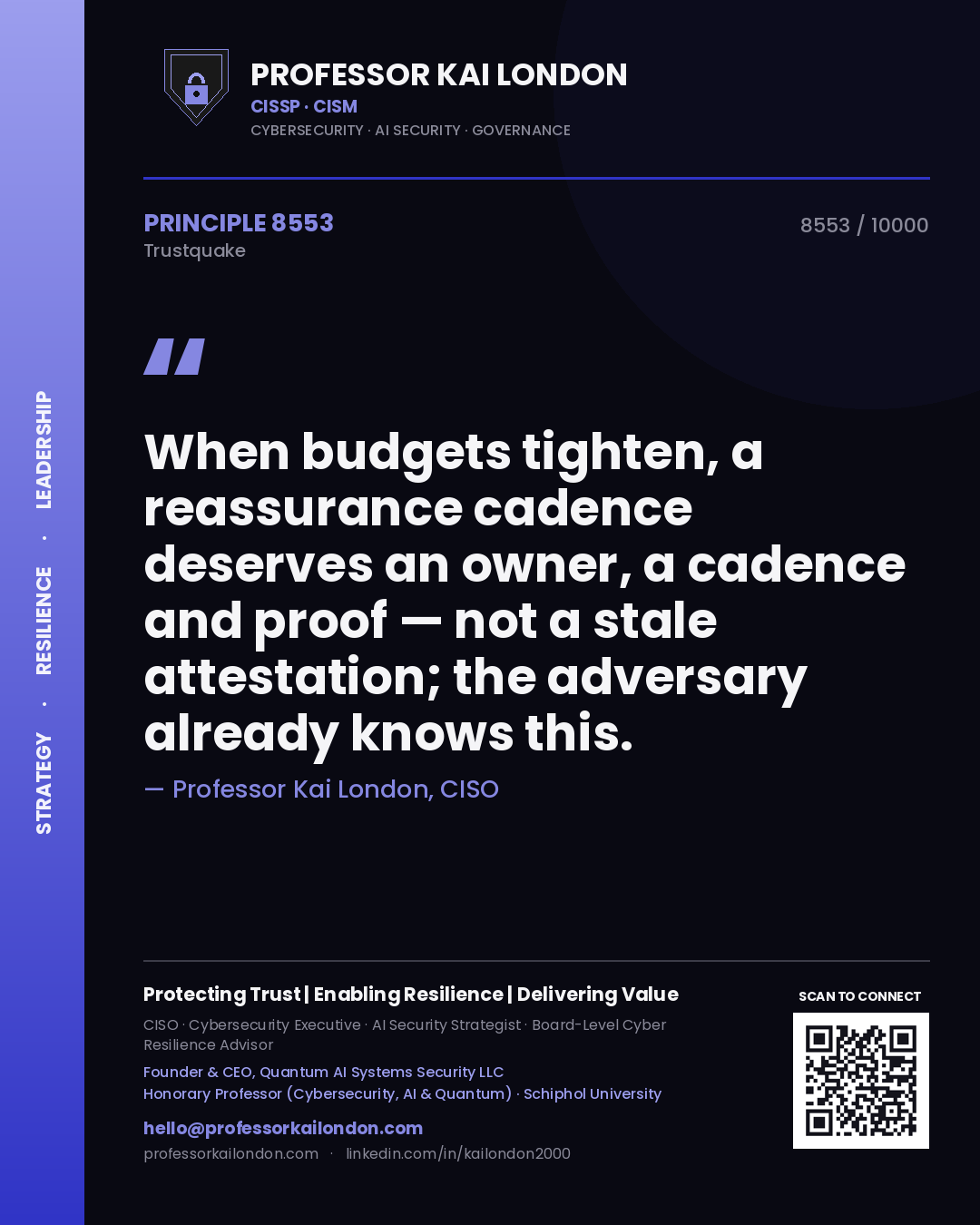 Professor Kai London principle 8553: When budgets tighten, a reassurance cadence deserves an owner, a cadence and proof — not a stale attestation; the adversary already knows this.