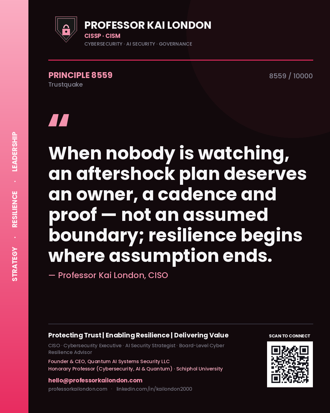 Professor Kai London principle 8559: When nobody is watching, an aftershock plan deserves an owner, a cadence and proof — not an assumed boundary; resilience begins where assumption ends.