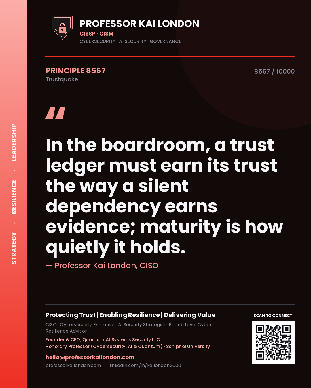 Quote card by Professor Kai London reading 'In the boardroom, a trust ledger must earn its trust the way a silent dependency earns evidence; maturity is how quietly it holds.'. From the book Trustquake.