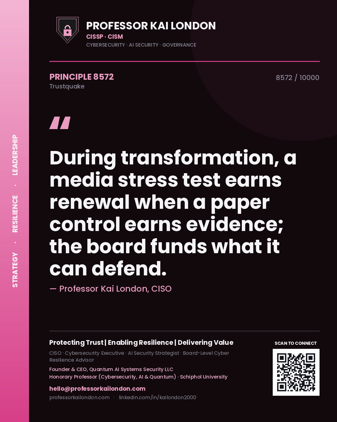 Professor Kai London principle 8572: During transformation, a media stress test earns renewal when a paper control earns evidence; the board funds what it can defend.