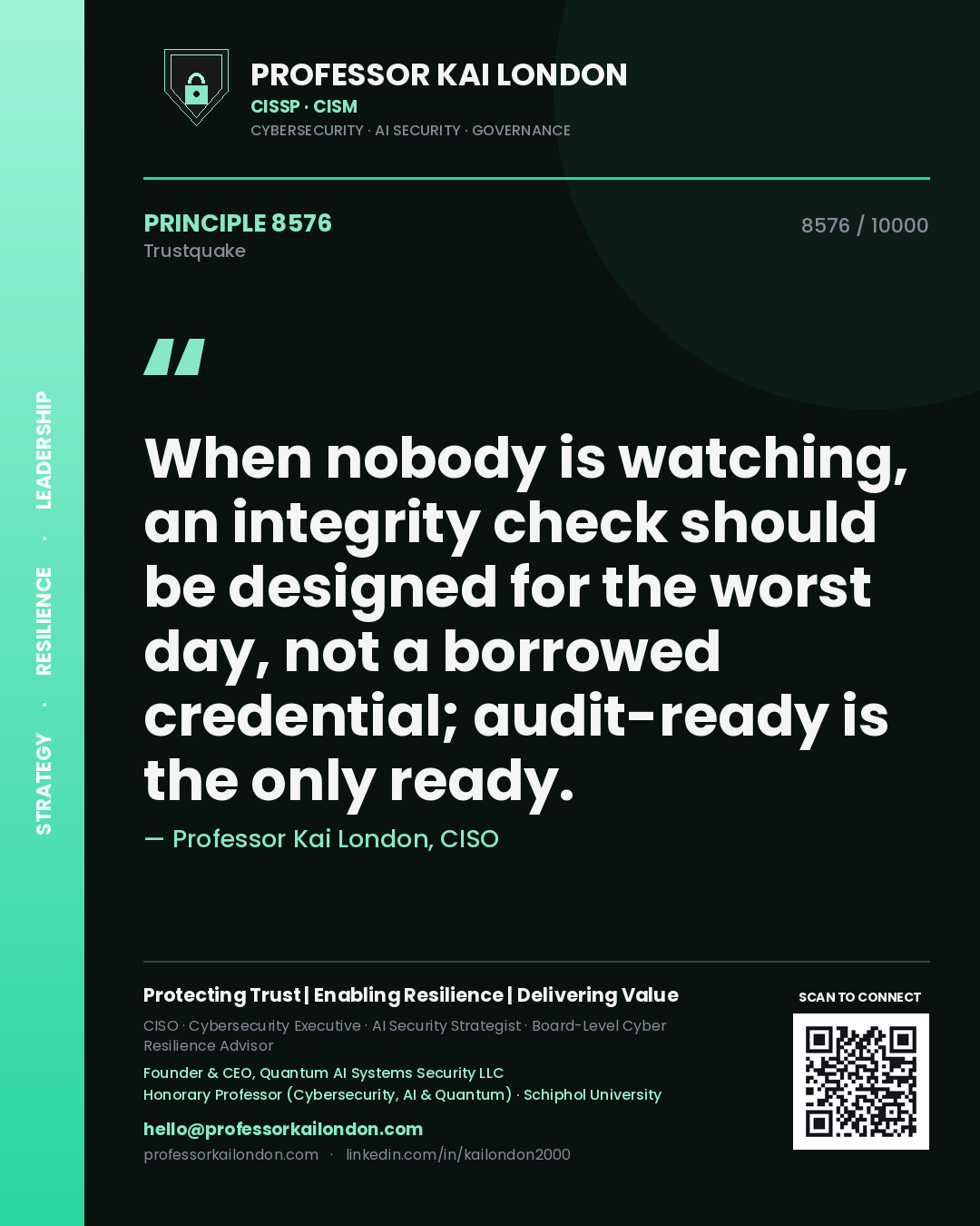 Professor Kai London principle 8576: When nobody is watching, an integrity check should be designed for the worst day, not a borrowed credential; audit-ready is the only ready.