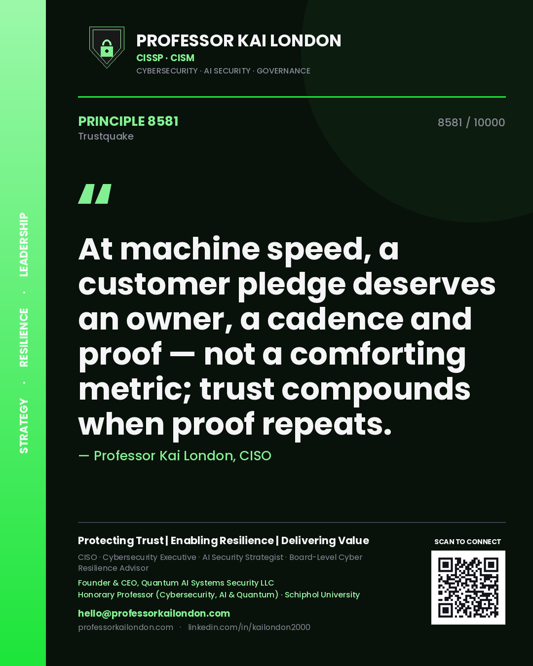 Quote card by Professor Kai London reading 'At machine speed, a customer pledge deserves an owner, a cadence and proof — not a comforting metric; trust compounds when proof repeats.'. From the book Trustquake.