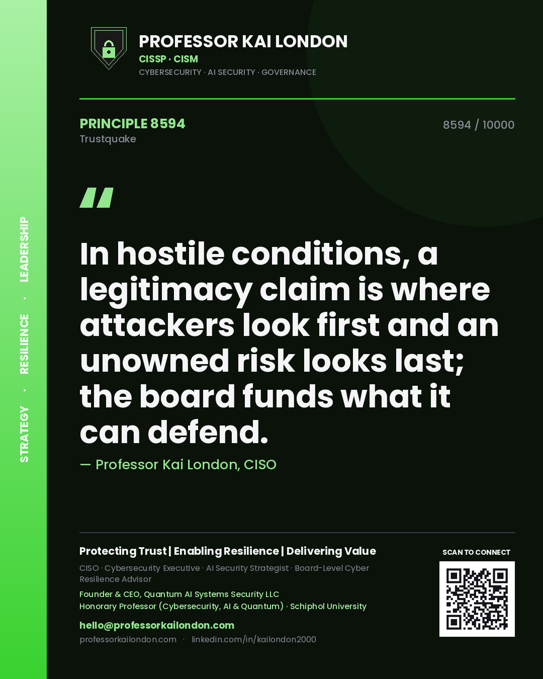 Professor Kai London principle 8594: In hostile conditions, a legitimacy claim is where attackers look first and an unowned risk looks last; the board funds what it can defend.