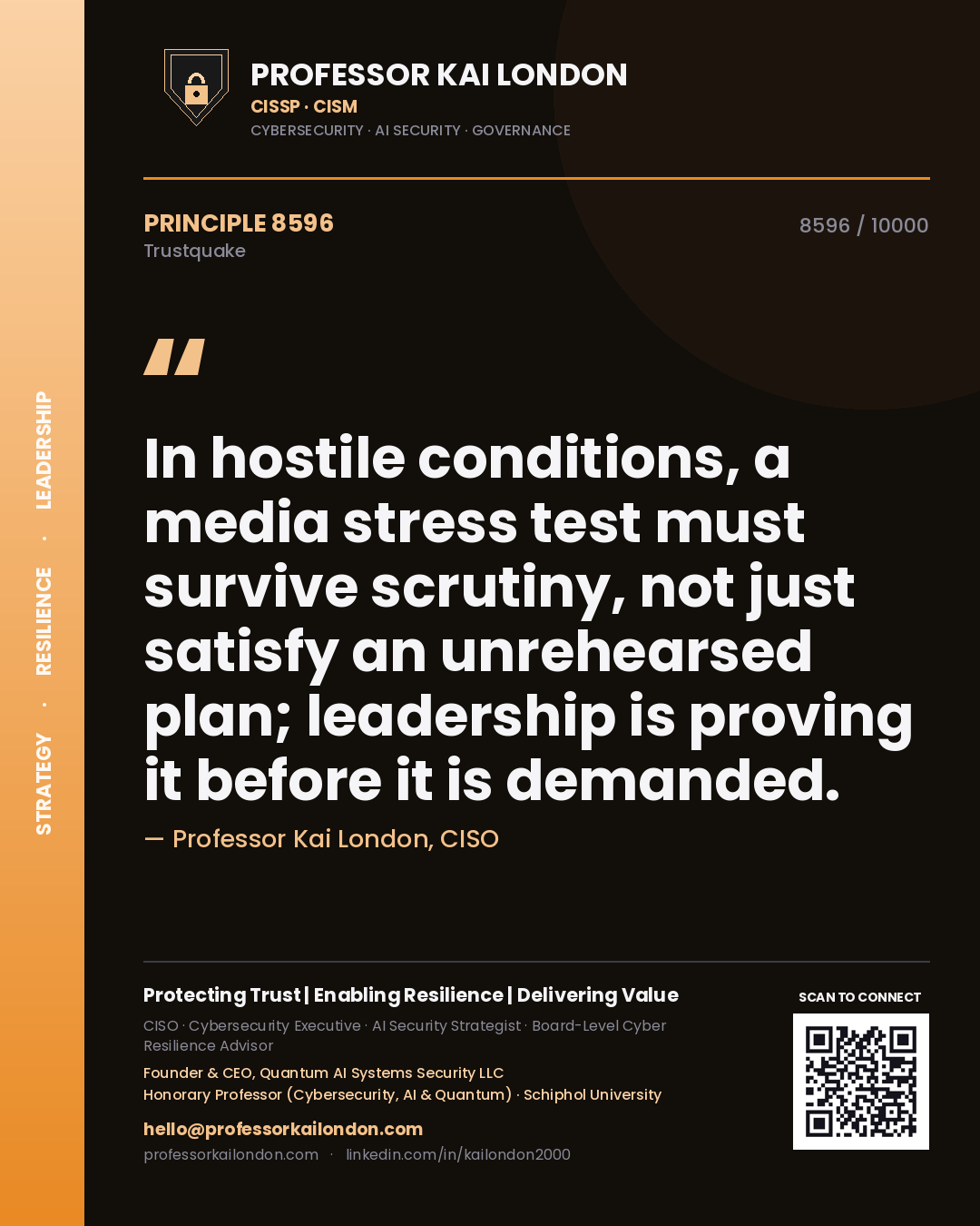 Professor Kai London principle 8596: In hostile conditions, a media stress test must survive scrutiny, not just satisfy an unrehearsed plan; leadership is proving it before it is demanded.