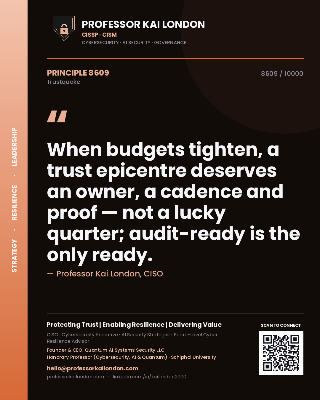 Quote card by Professor Kai London reading 'When budgets tighten, a trust epicentre deserves an owner, a cadence and proof — not a lucky quarter; audit-ready is the only ready.'. From the book Trustquake.