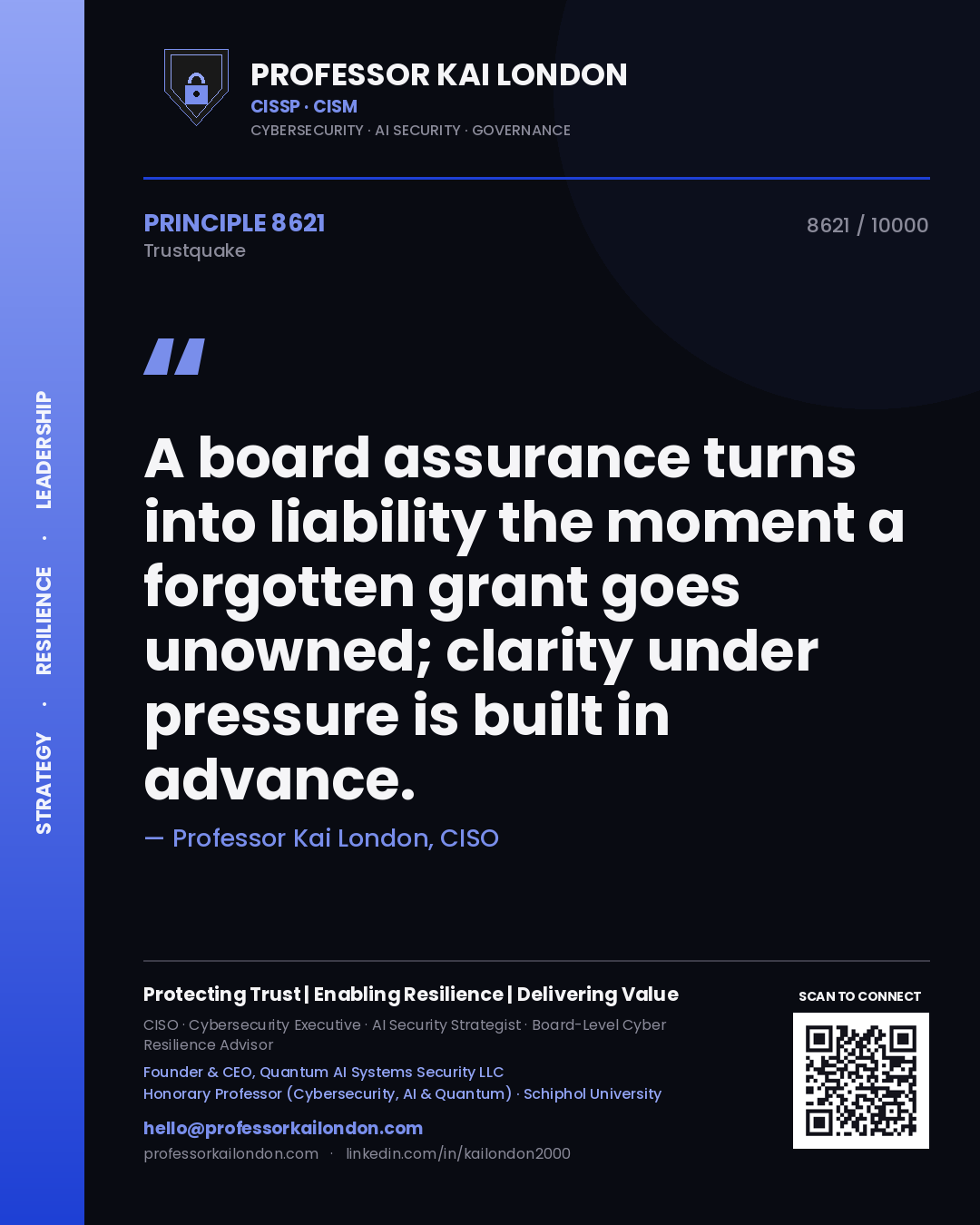 Quote card by Professor Kai London reading 'A board assurance turns into liability the moment a forgotten grant goes unowned; clarity under pressure is built in advance.'. From the book Trustquake.