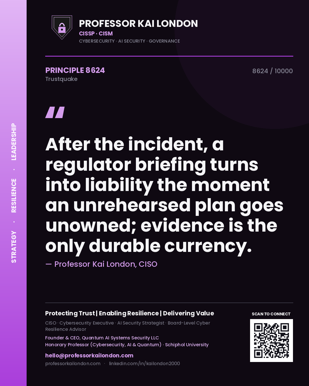 Professor Kai London principle 8624: After the incident, a regulator briefing turns into liability the moment an unrehearsed plan goes unowned; evidence is the only durable currency.