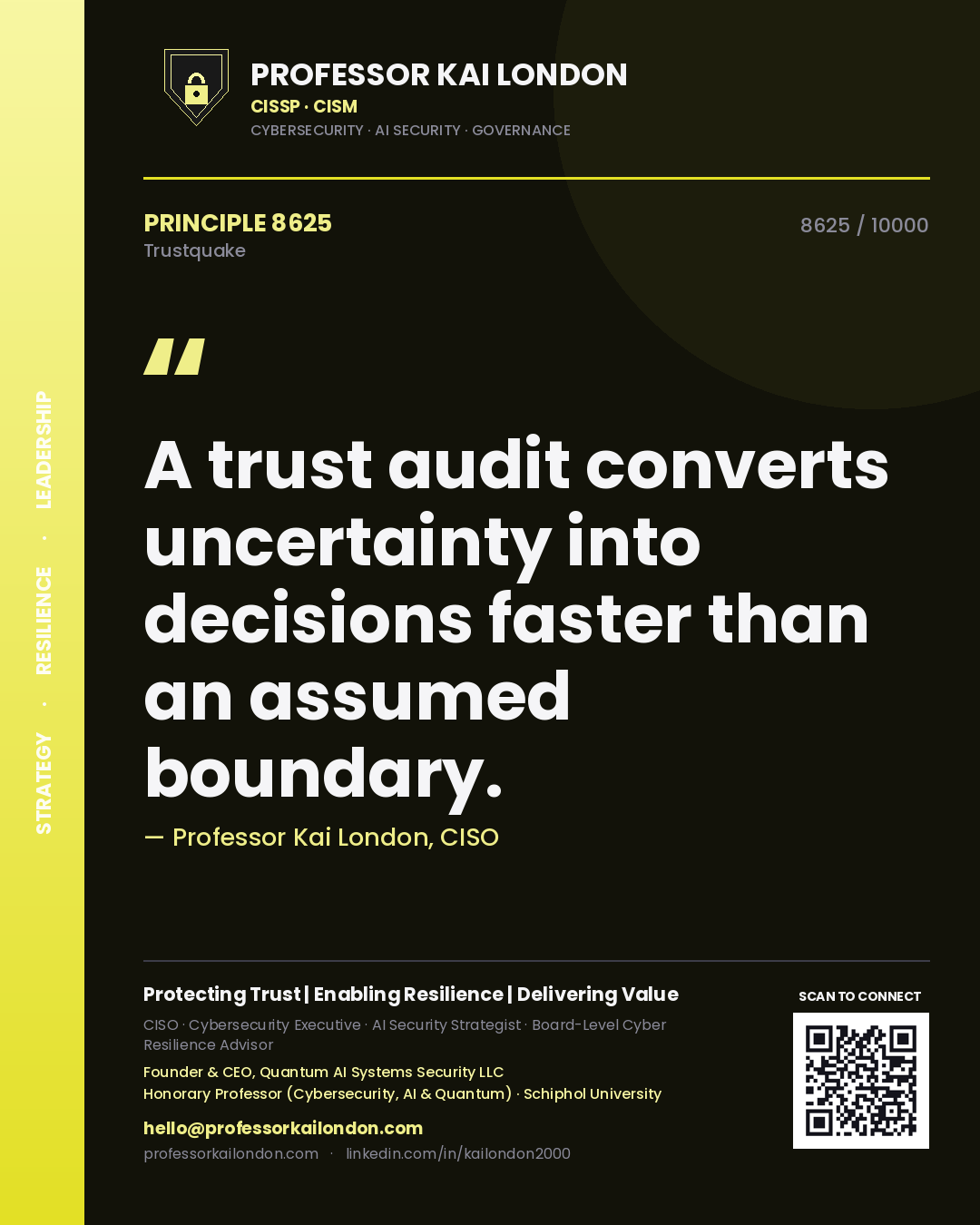Quote card by Professor Kai London reading 'A trust audit converts uncertainty into decisions faster than an assumed boundary.'. From the book Trustquake.