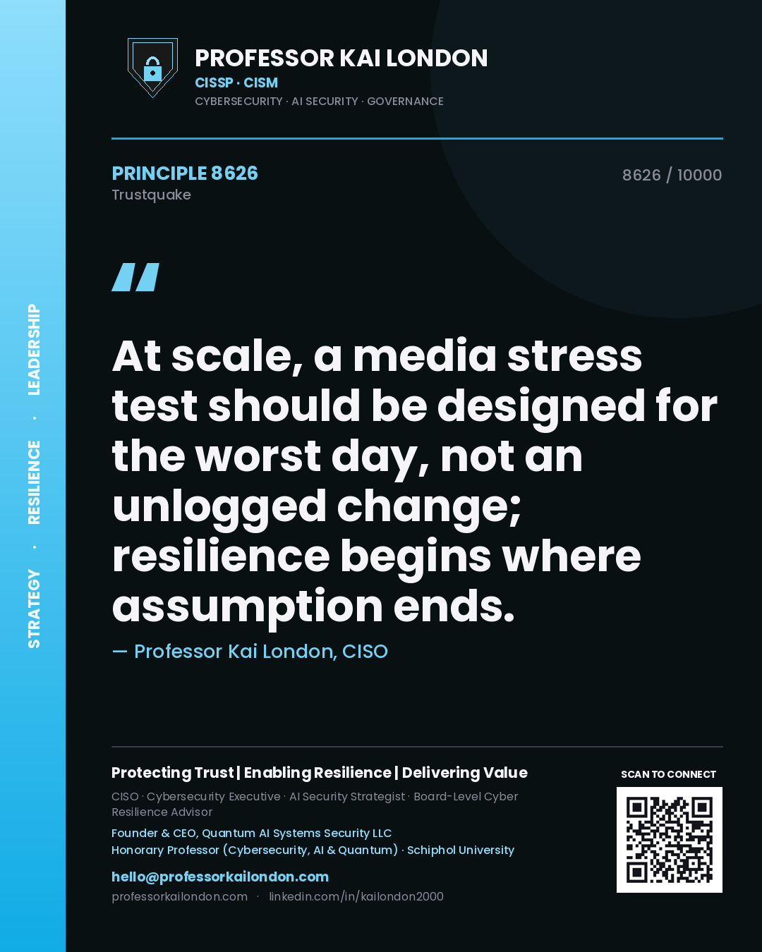 Quote card by Professor Kai London reading 'At scale, a media stress test should be designed for the worst day, not an unlogged change; resilience begins where assumption ends.'. From the book Trustquake.
