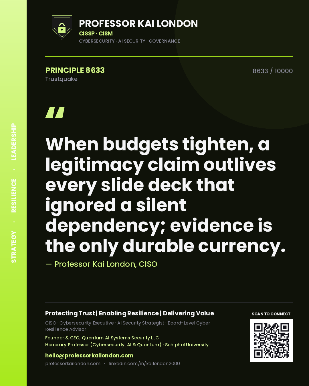 Quote card by Professor Kai London reading 'When budgets tighten, a legitimacy claim outlives every slide deck that ignored a silent dependency; evidence is the only durable currency.'. From the book Trustquake.