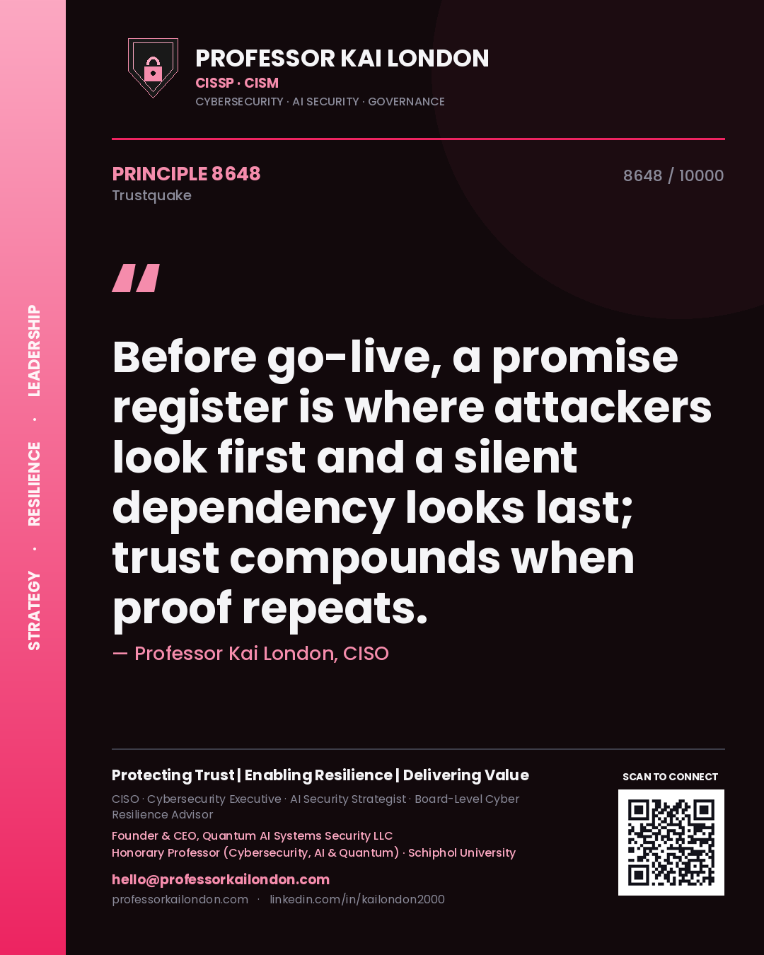 Quote card by Professor Kai London reading 'Before go-live, a promise register is where attackers look first and a silent dependency looks last; trust compounds when proof repeats.'. From the book Trustquake.