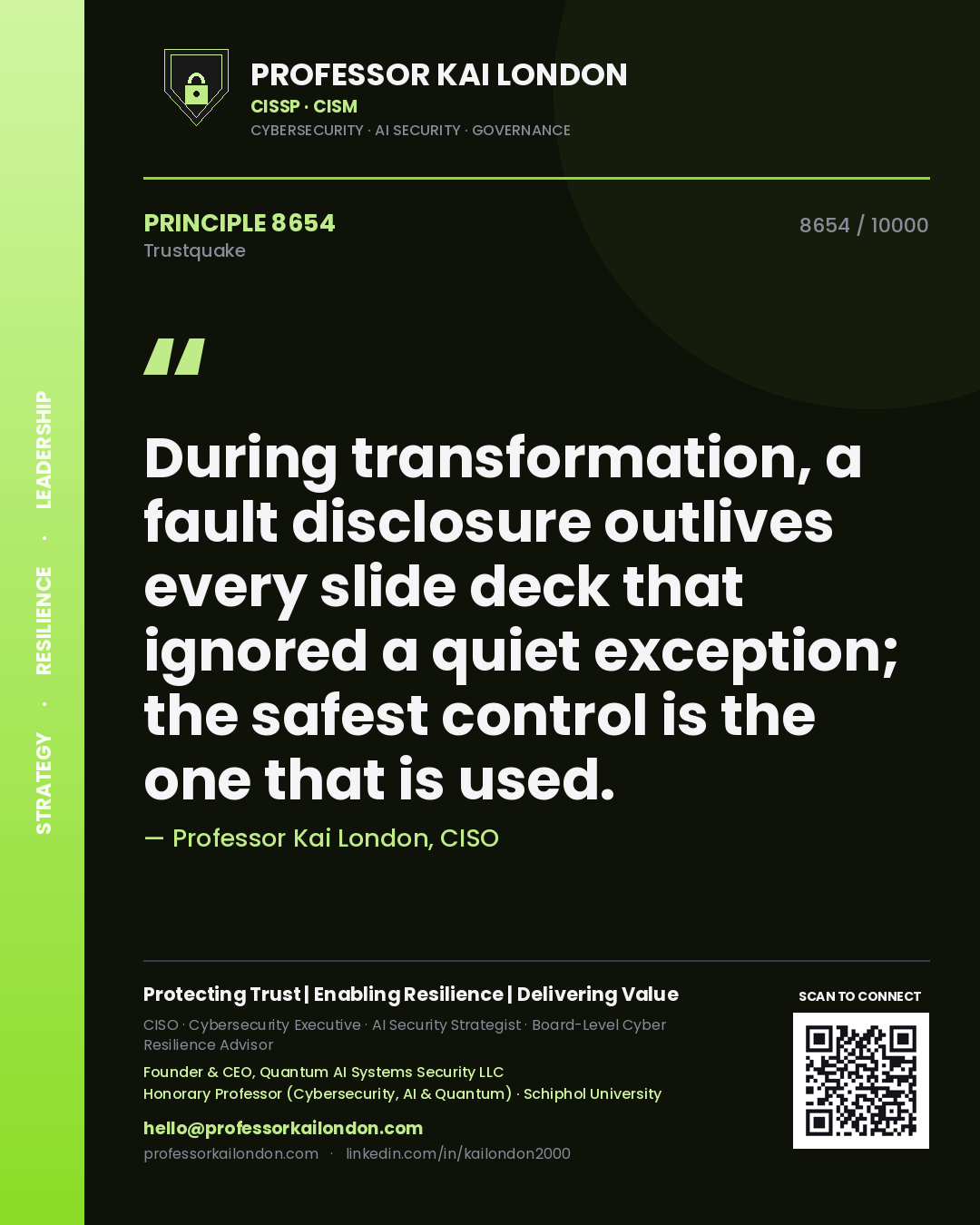 Quote card by Professor Kai London reading 'During transformation, a fault disclosure outlives every slide deck that ignored a quiet exception; the safest control is the one that is used.'. From the book Trustquake.