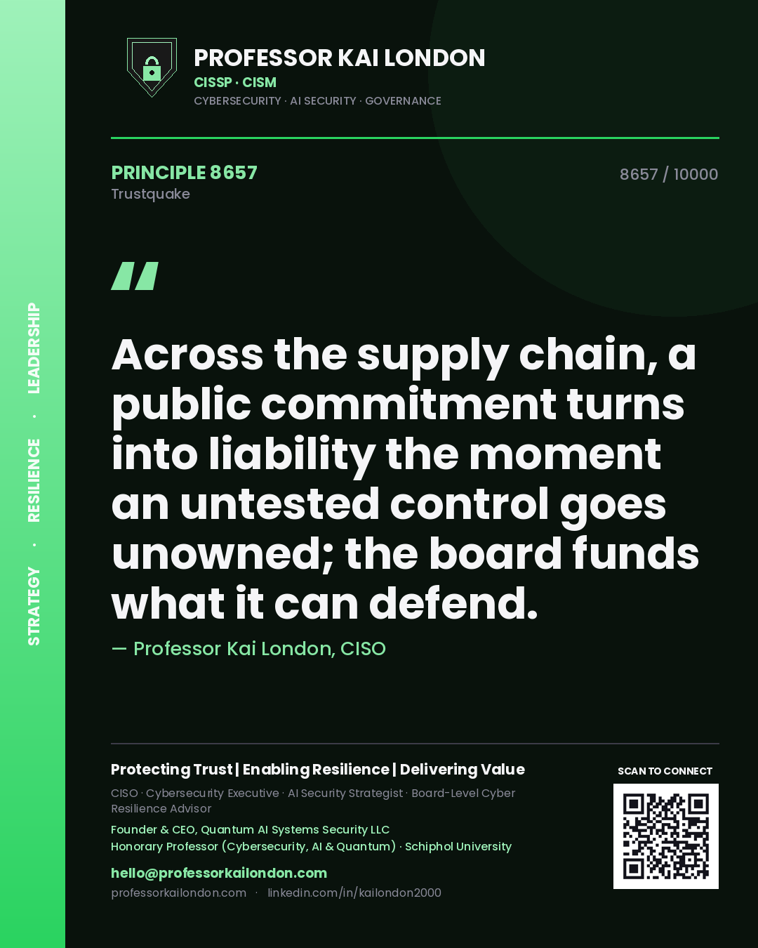 Quote card by Professor Kai London reading 'Across the supply chain, a public commitment turns into liability the moment an untested control goes unowned; the board funds what it can defend.'. From the book Trustquake.