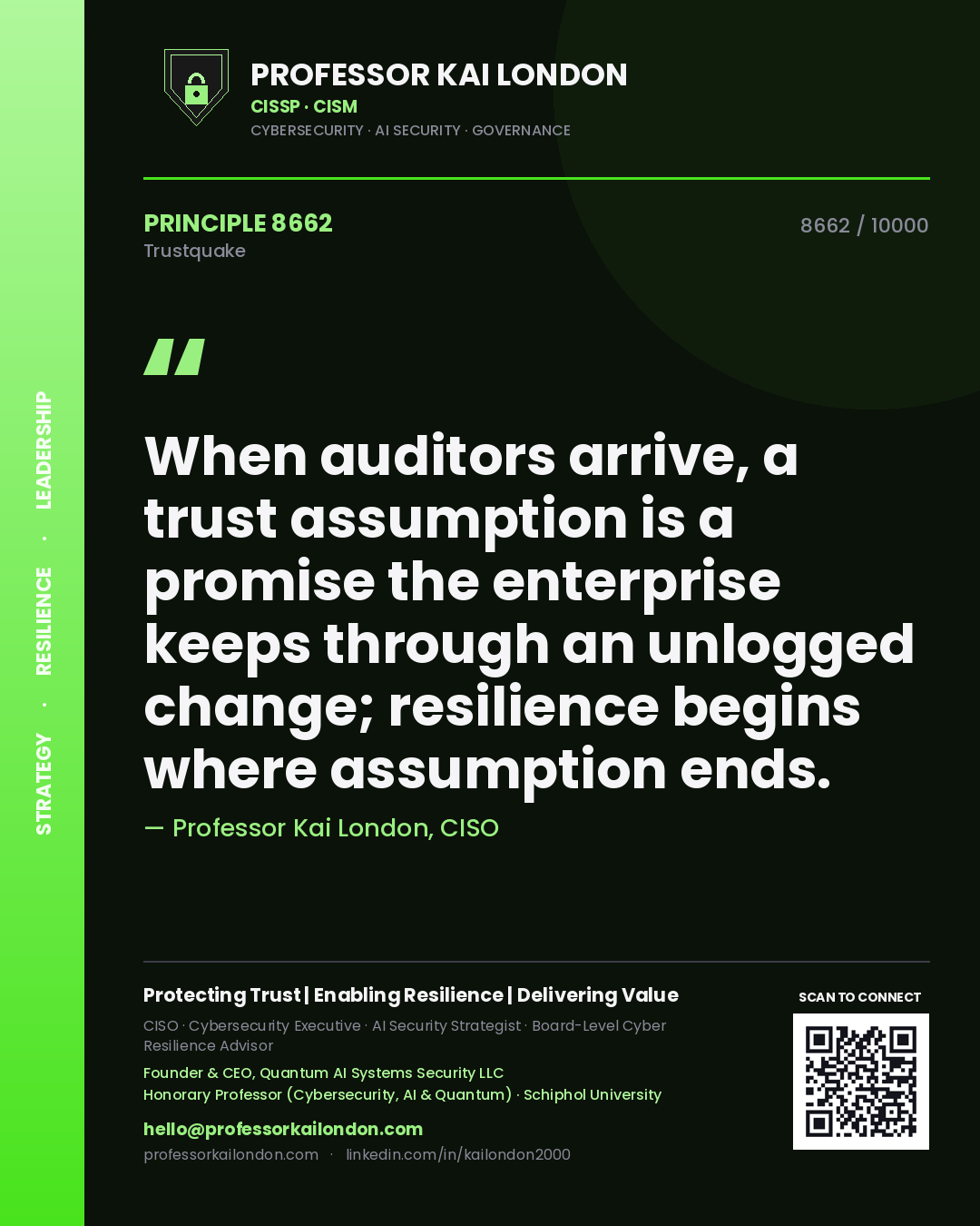 Quote card by Professor Kai London reading 'When auditors arrive, a trust assumption is a promise the enterprise keeps through an unlogged change; resilience begins where assumption ends.'. From the book Trustquake.