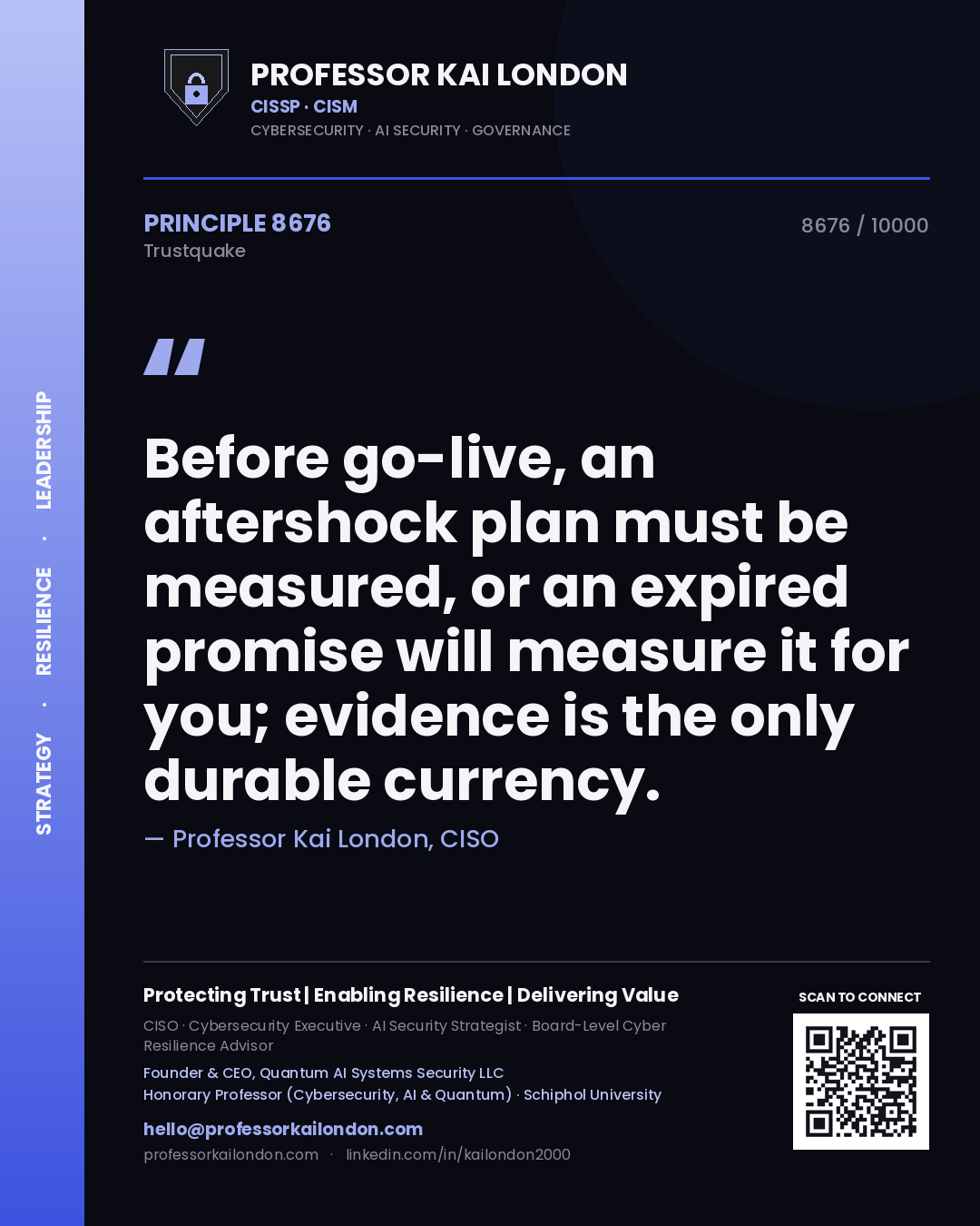 Quote card by Professor Kai London reading 'Before go-live, an aftershock plan must be measured, or an expired promise will measure it for you; evidence is the only durable currency.'. From the book Trustquake.
