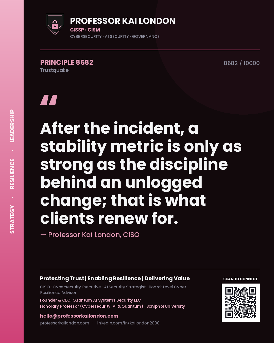 Professor Kai London principle 8682: After the incident, a stability metric is only as strong as the discipline behind an unlogged change; that is what clients renew for.