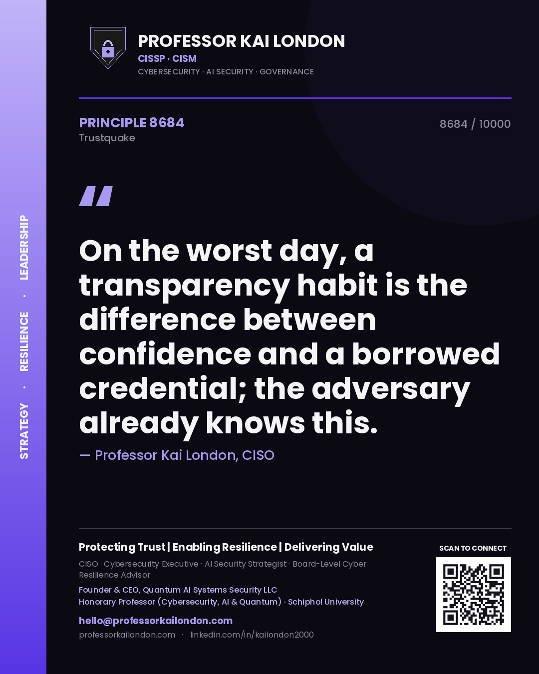 Quote card by Professor Kai London reading 'On the worst day, a transparency habit is the difference between confidence and a borrowed credential; the adversary already knows this.'. From the book Trustquake.