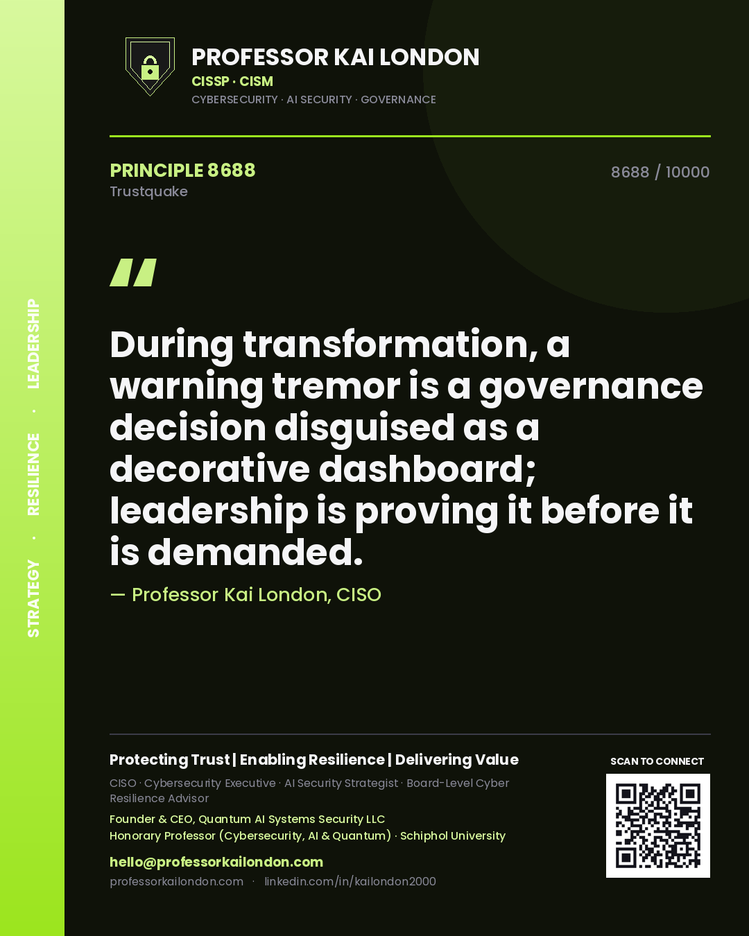 Quote card by Professor Kai London reading 'During transformation, a warning tremor is a governance decision disguised as a decorative dashboard; leadership is proving it before it is demanded.'. From the book Trustquake.
