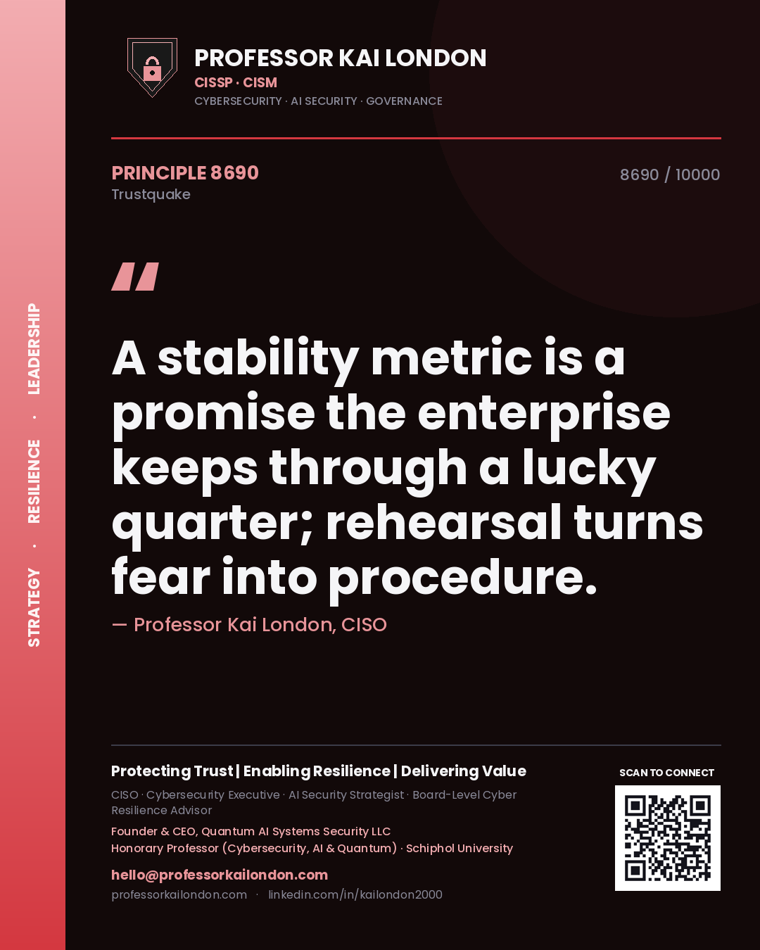 Professor Kai London principle 8690: A stability metric is a promise the enterprise keeps through a lucky quarter; rehearsal turns fear into procedure.