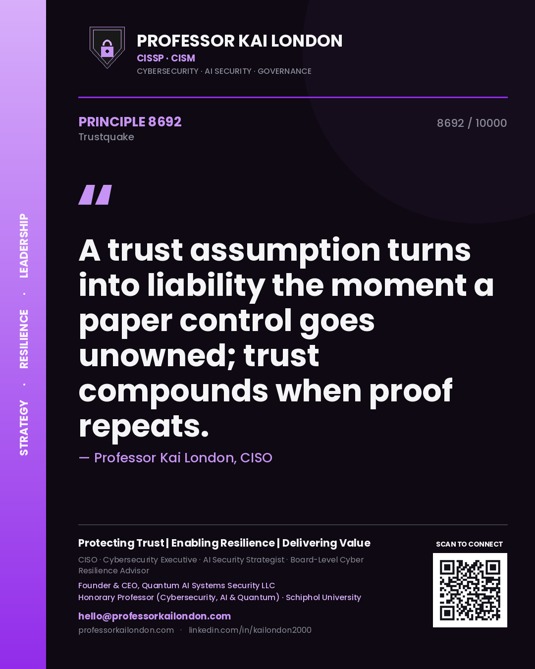 Professor Kai London principle 8692: A trust assumption turns into liability the moment a paper control goes unowned; trust compounds when proof repeats.