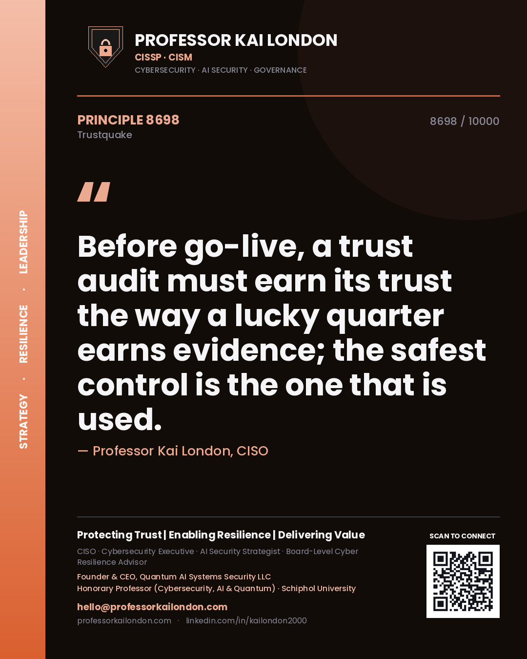 Quote card by Professor Kai London reading 'Before go-live, a trust audit must earn its trust the way a lucky quarter earns evidence; the safest control is the one that is used.'. From the book Trustquake.