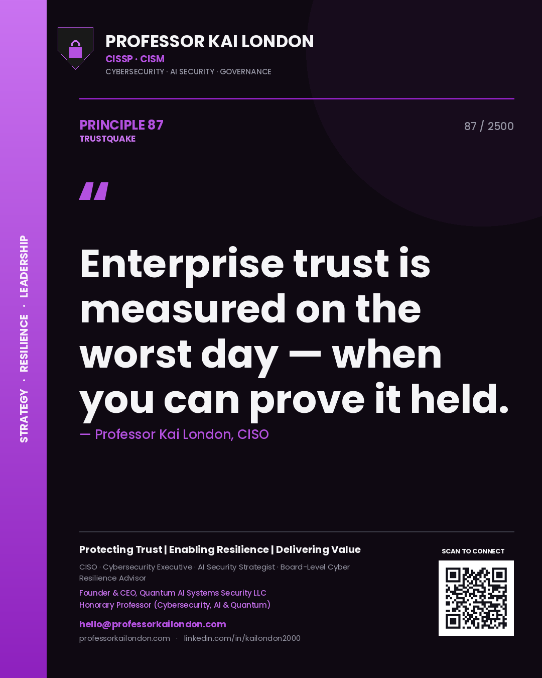 Professor Kai London principle 87: Enterprise trust is measured on the worst day — when you can prove it held.