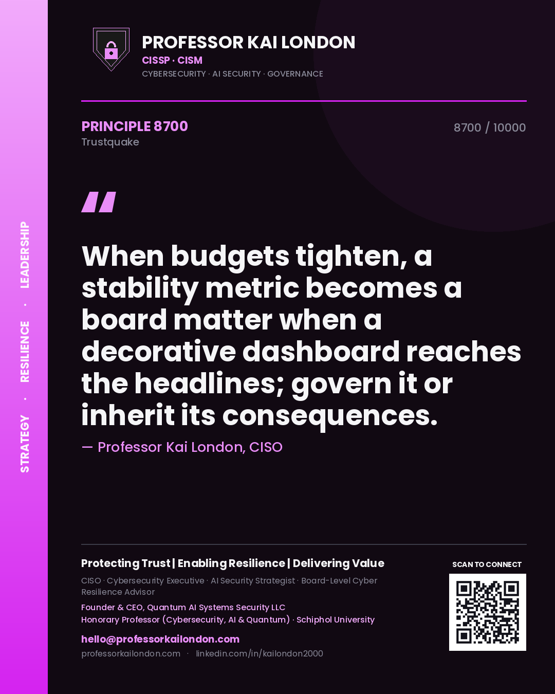 Quote card by Professor Kai London reading 'When budgets tighten, a stability metric becomes a board matter when a decorative dashboard reaches the headlines; govern it or inherit its consequences.'. From the book Trustquake.