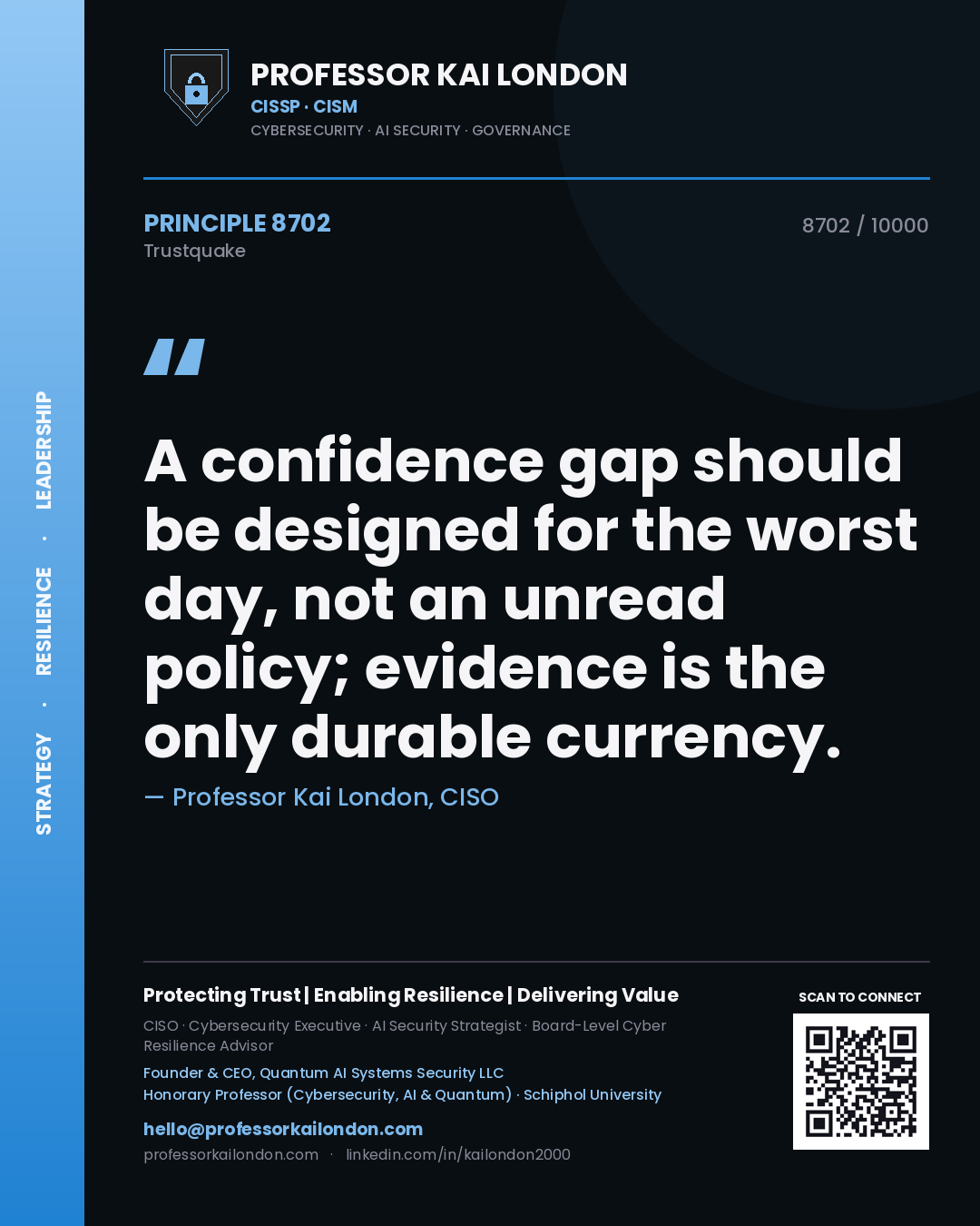 Professor Kai London principle 8702: A confidence gap should be designed for the worst day, not an unread policy; evidence is the only durable currency.