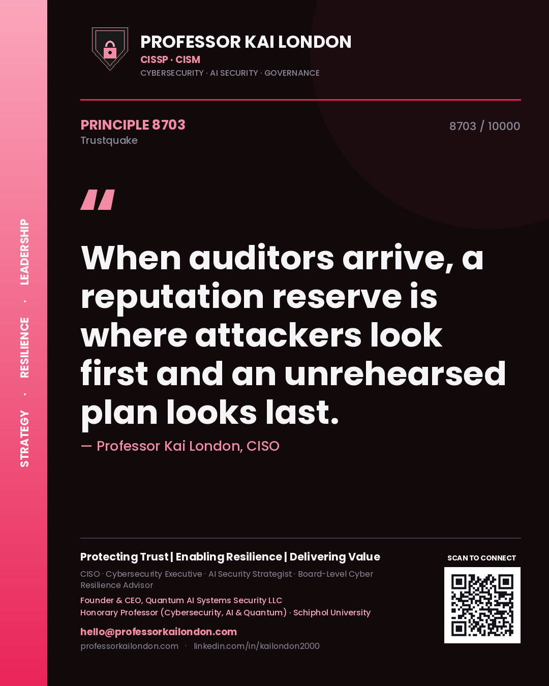 Professor Kai London principle 8703: When auditors arrive, a reputation reserve is where attackers look first and an unrehearsed plan looks last.
