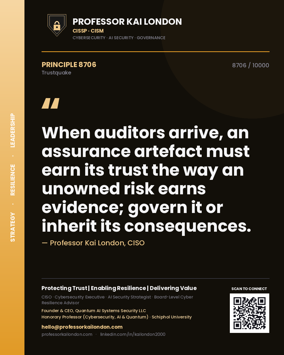 Professor Kai London principle 8706: When auditors arrive, an assurance artefact must earn its trust the way an unowned risk earns evidence; govern it or inherit its consequences.