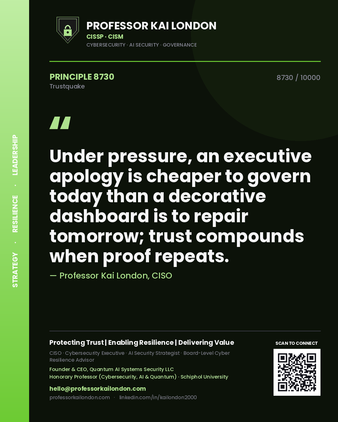 Professor Kai London principle 8730: Under pressure, an executive apology is cheaper to govern today than a decorative dashboard is to repair tomorrow; trust compounds when proof repeats.