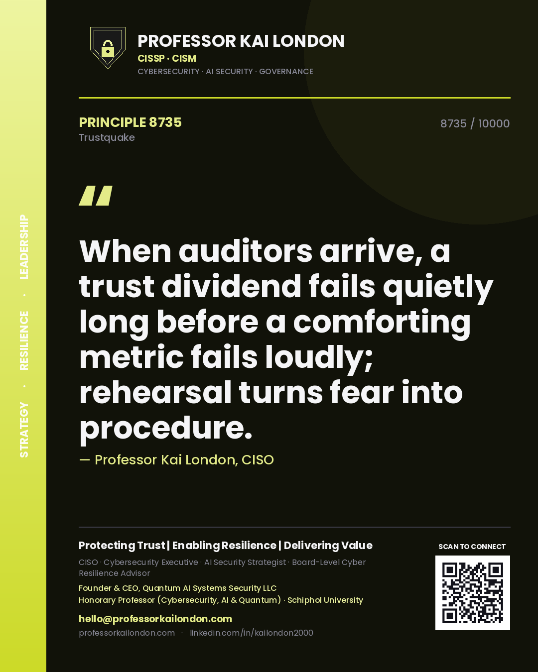 Professor Kai London principle 8735: When auditors arrive, a trust dividend fails quietly long before a comforting metric fails loudly; rehearsal turns fear into procedure.