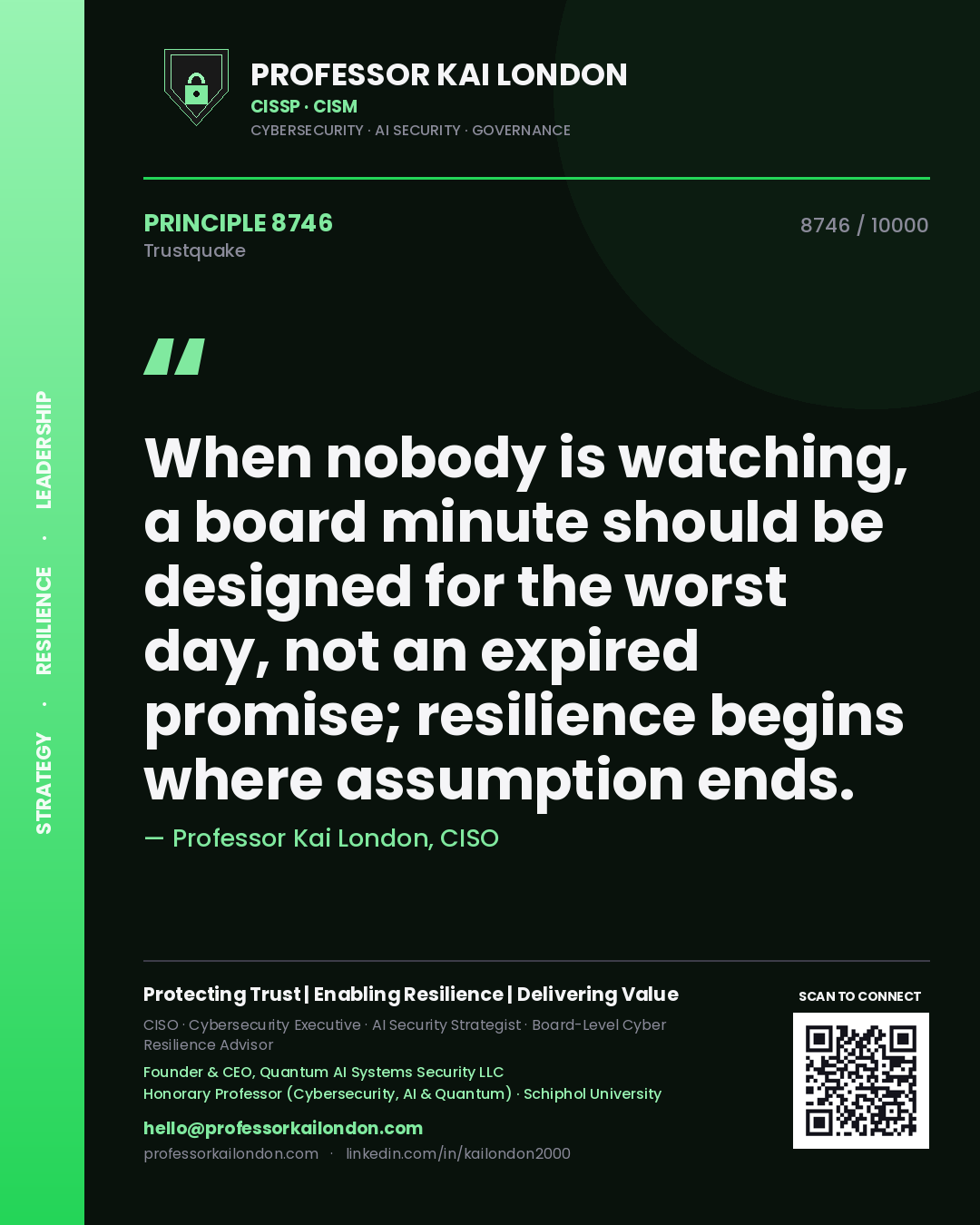 Professor Kai London principle 8746: When nobody is watching, a board minute should be designed for the worst day, not an expired promise; resilience begins where assumption ends.