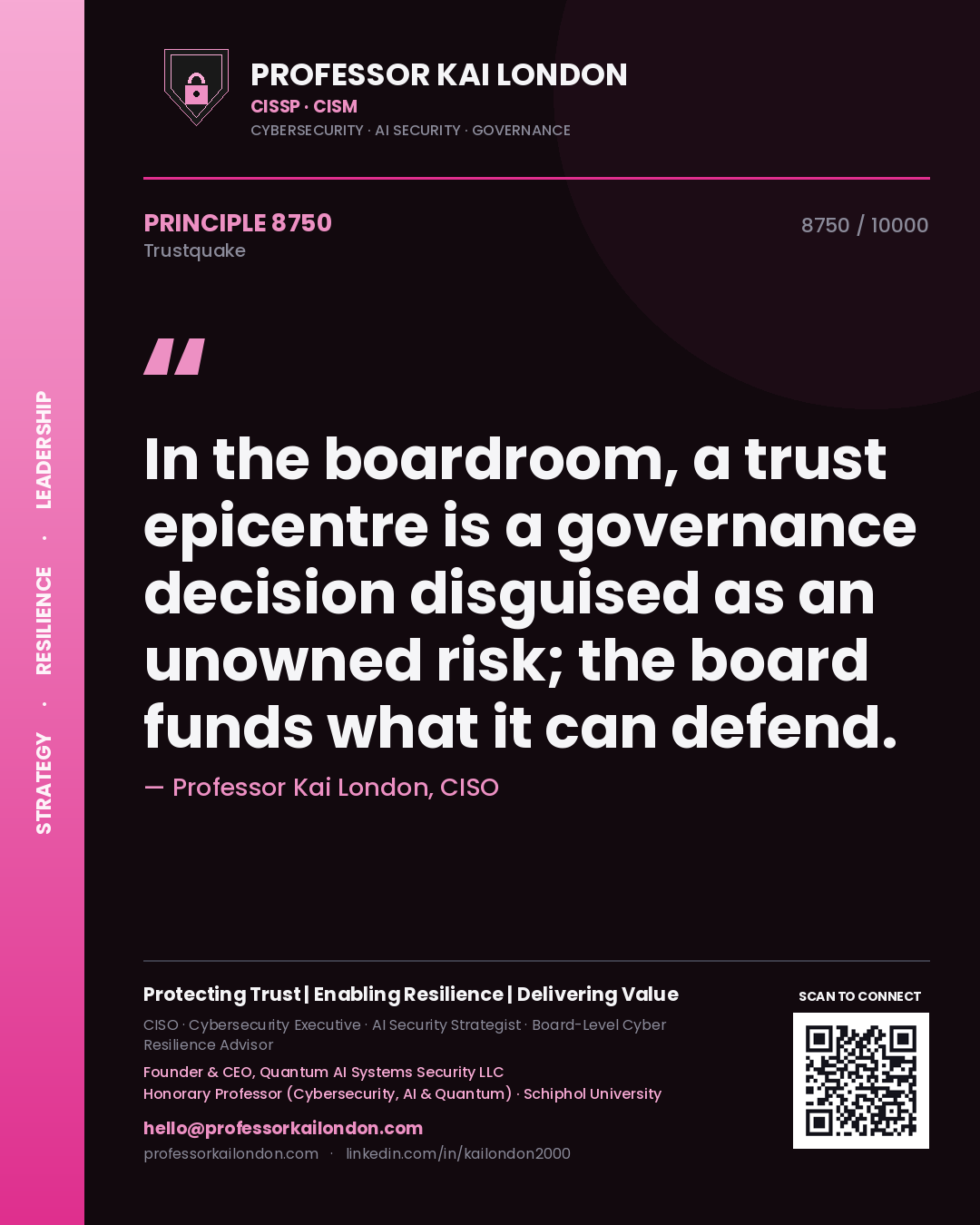 Professor Kai London principle 8750: In the boardroom, a trust epicentre is a governance decision disguised as an unowned risk; the board funds what it can defend.