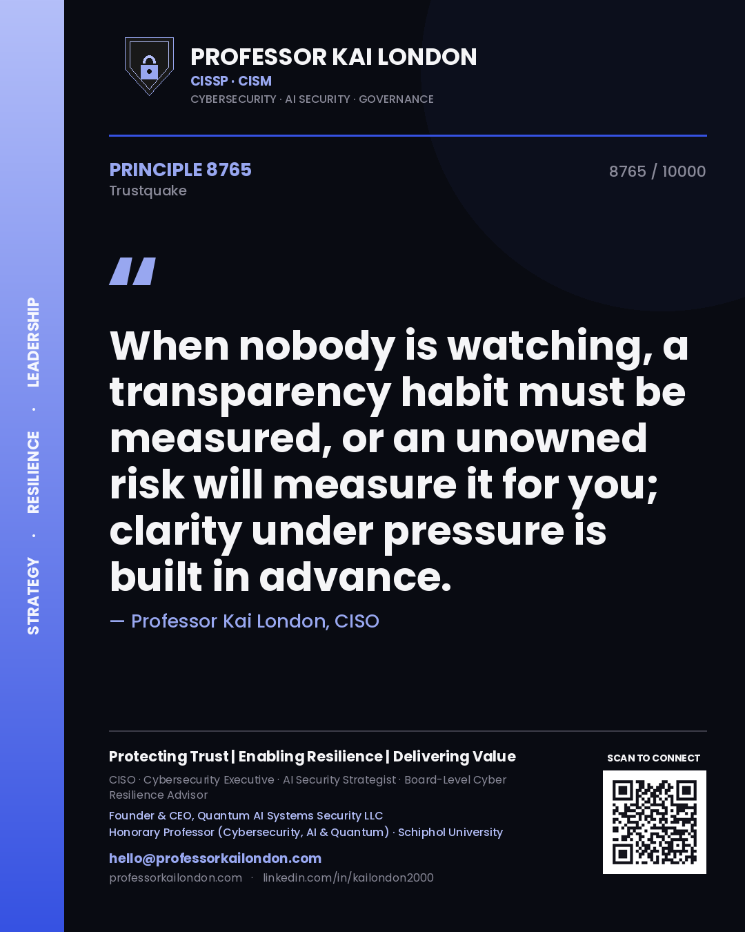 Professor Kai London principle 8765: When nobody is watching, a transparency habit must be measured, or an unowned risk will measure it for you; clarity under pressure is built in advance.