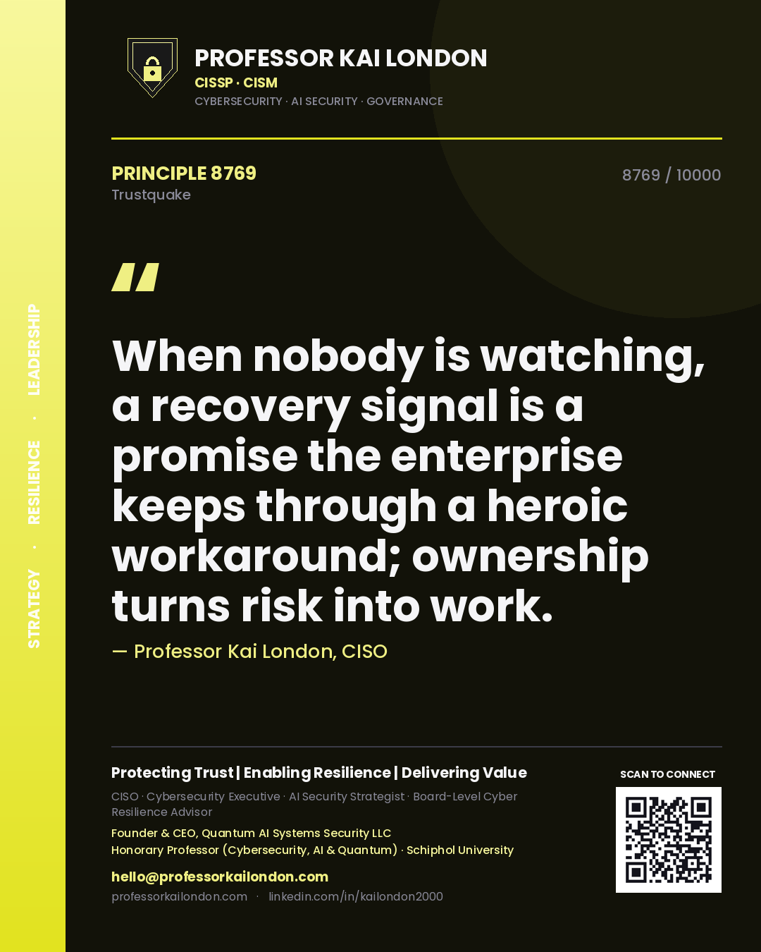 Professor Kai London principle 8769: When nobody is watching, a recovery signal is a promise the enterprise keeps through a heroic workaround; ownership turns risk into work.
