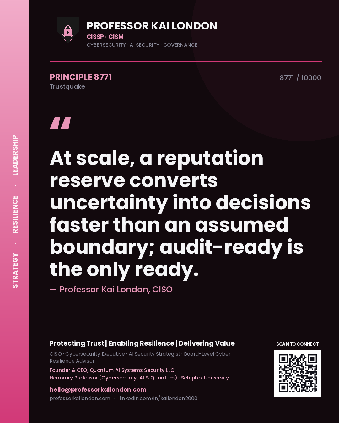 Professor Kai London principle 8771: At scale, a reputation reserve converts uncertainty into decisions faster than an assumed boundary; audit-ready is the only ready.