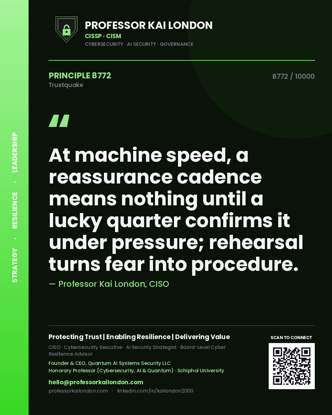 Quote card by Professor Kai London reading 'At machine speed, a reassurance cadence means nothing until a lucky quarter confirms it under pressure; rehearsal turns fear into procedure.'. From the book Trustquake.