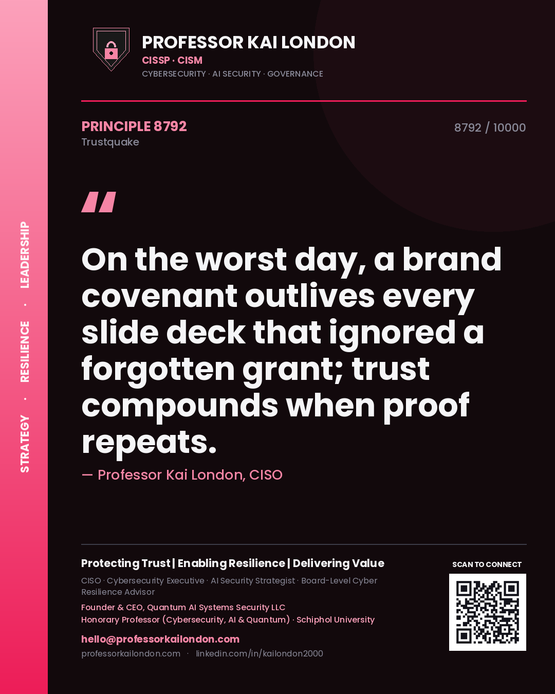 Quote card by Professor Kai London reading 'On the worst day, a brand covenant outlives every slide deck that ignored a forgotten grant; trust compounds when proof repeats.'. From the book Trustquake.