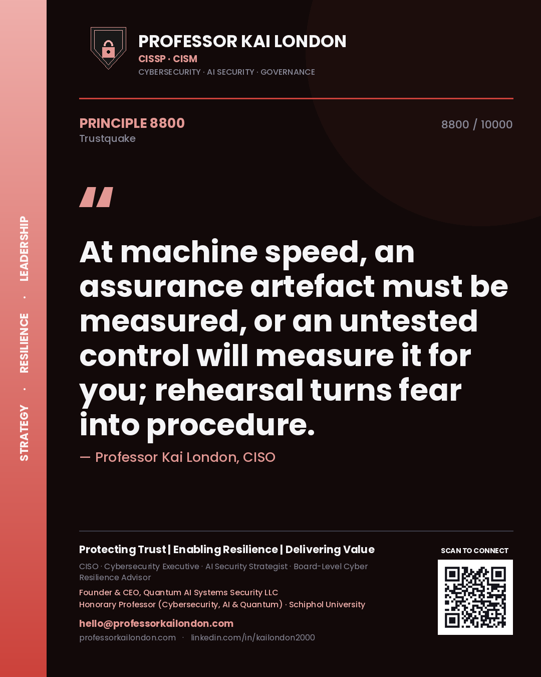 Professor Kai London principle 8800: At machine speed, an assurance artefact must be measured, or an untested control will measure it for you; rehearsal turns fear into procedure.
