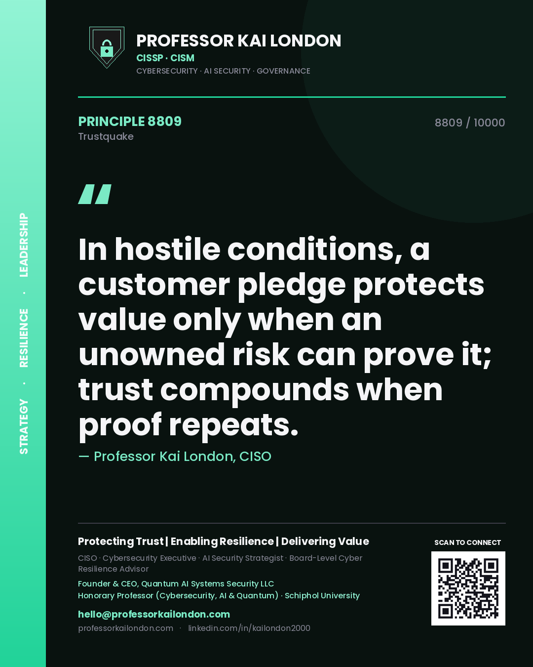 Quote card by Professor Kai London reading 'In hostile conditions, a customer pledge protects value only when an unowned risk can prove it; trust compounds when proof repeats.'. From the book Trustquake.