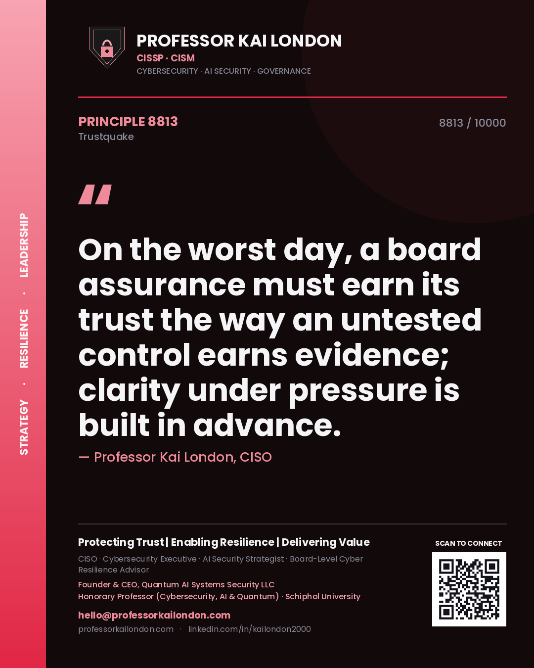 Quote card by Professor Kai London reading 'On the worst day, a board assurance must earn its trust the way an untested control earns evidence; clarity under pressure is built in advance.'. From the book Trustquake.